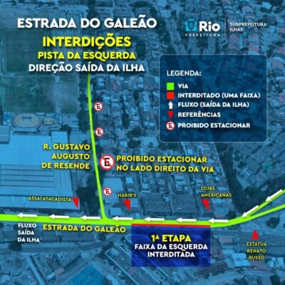 Obra da Light em Paquetá e Ilhas do Governador interditará trechos da Estrada do Galeão.