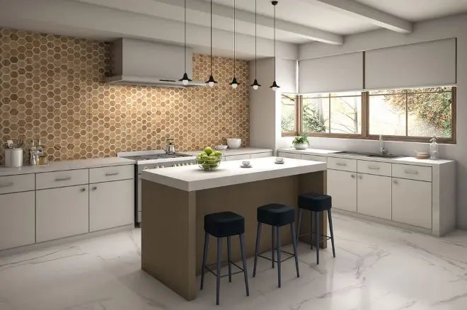 Porcelanato branco traz elegância à cozinha, mas evidencia sujeiras e marcas – Foto: Ceusa