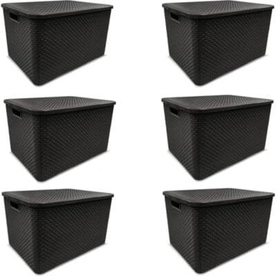 KIT C/ 6 CAIXAS ORGANIZADORAS RATTAN 7L C/TAMPA PRETA MULTIUSO DECORATIVA