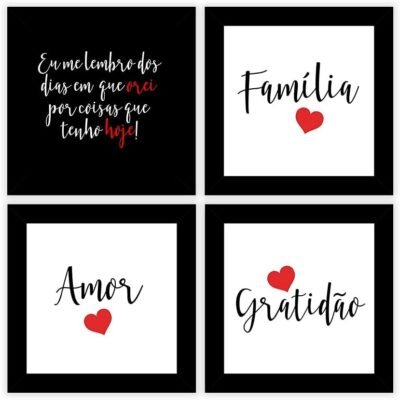 Kit 4 Quadros Decorativos 19×19 cm com MOLDURA Composê Família Amor Gratidão Vermelho (Preto)