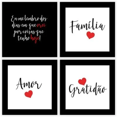 Kit 4 Quadros Decorativos 19×19 cm com MOLDURA Composê Família Amor Gratidão Vermelho (Preto)