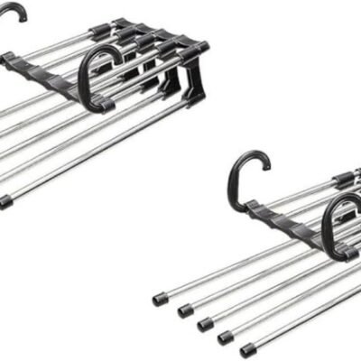 Kit com 2 Cabides de Metal Inoxidável para Pendurar Calças, 5 Espaços Horizontal Vertical Cabide Multifuncional Dobrável Inox Calça 5 Divisórias Organizador Cabide Calças Multiuso Cabideiro