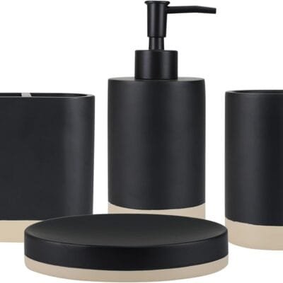 Kit Acessórios de Banheiro Resina 4 Peças – Dispensador Sabonete Liquido, Saboneteira, Porta-Escovas e Copo Multifuncional, Decoração Moderna, Organização do Lar, Resistente e Duravel (Manhattan)