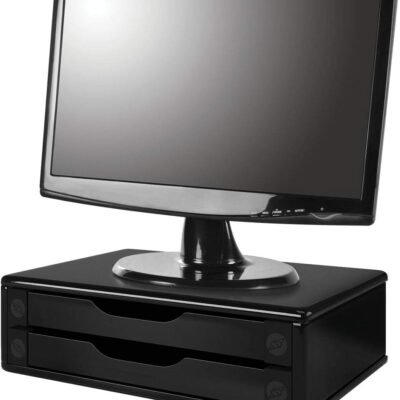 Suporte de Monitor 2 Gavetas, Mdf Preto (Black Piano) – Souza & Cia