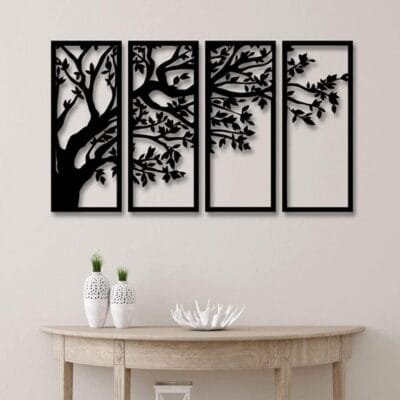 Quadro Decorativo Árvore em MDF Conjunto de 4 Peças com Corte a Laser para Sala Quarto e Escritório