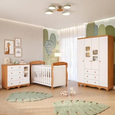 Quarto Bebê Completo Berço Americano Marquesa 3 em 1 Guarda Roupa 4 Portas Cômoda Uli 100% Mdf Móveis Peroba