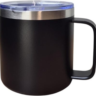 CABE MAIS Caneca Térmica c/Alça 450ml com Tampa Acrilica Antivazamento – Isolamento a Vácuo com Parede Dupla, Bebidas Quentes ou Frias por Horas, Design Compacto e Portátil, Acabamento Fosco (Preta)