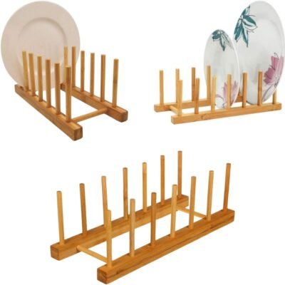 Kit 3 Escorredor Organizador Suporte Bambu Porta Pratos Louças Tampas Copos