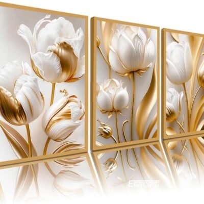 Quadro Decorativo Flores Tulipas Brancas Douradas Sala Hall