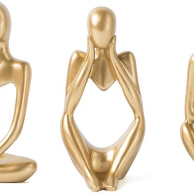 FJS Estátuas Gold Thinker para decoração de mesa, arte abstrata, escultura, conjunto de 3 estatuetas douradas, decorações de casa para casa, sala de estar, escritório, prateleira, quarto