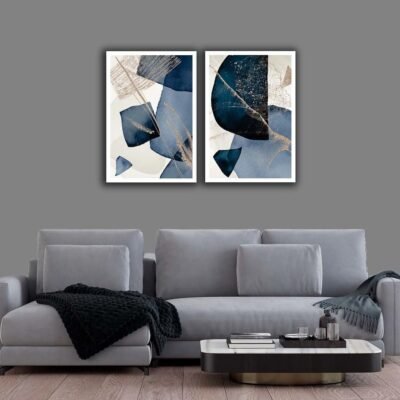 Dois Quadros Decorativos Abstrato Azul 90×60 Sala Quarto Cor da Moldura:Preto