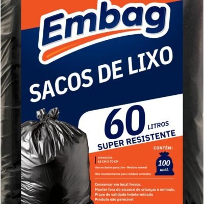 Saco de Lixo Super Resistente Pacote100 Unidades Fundo Reforçado Uso Doméstico (60 Litros 100Un)