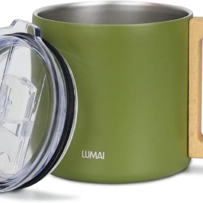 LUMAI Caneca Térmica Vietnã 350ml Cabo de Madeira, Com Tampa, Aço Inoxidavel com Parede Dupla Isolada a Vacuo para Bebida Quente e Gelada (Verde)