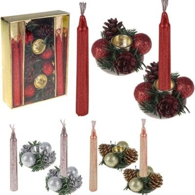 Castiçal Natalino Com 02 Velas Reais Com Gliter 15 Cm KIT 02 CASTIÇAIS (PRATEADO COM VERMELHO)