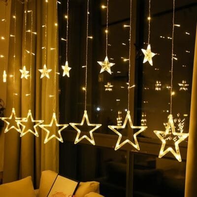 Cascata com 138 LED Formato em Estrela 8 Funções de Pisca para Cortina de luz para decorações de Natal 2,5 Metros Branco Quente (110, Volts)