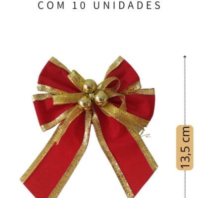 Kit 10 Enfeites de Natal Laço Dourado 11,5 x 13,5cm – Decoração Natalina para Arvore Porta Lareira