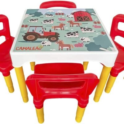 Kit Conjunto Mesa Infantil Com 4 Cadeiras Escolar Plástica Camaleão (Fazendinha)