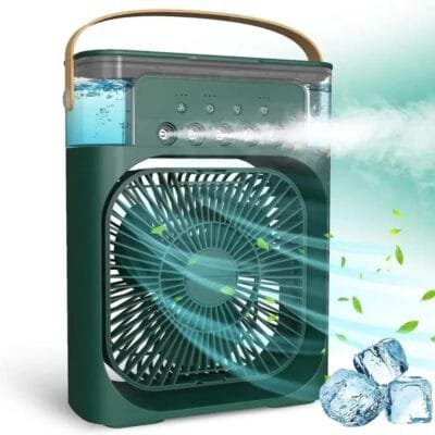 Ventilador de ar condicionado portátil, Mini Ar Condicionado Umidificador Climatizador com tanque de água de 600ml,3 velocidades de vento e pulverizador de 5 furos com luz LED de 7 cores (Verde)