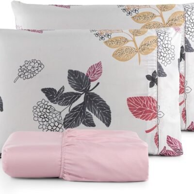 Jogo de Lençol Queen Kit 03 Peças com Elástico Ponto Palito Estampado 400 fios Casal Kit Cama (Flor Rosa)