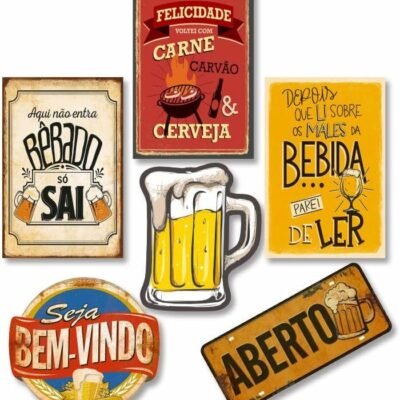 Kit com 6 placas decorativas em MDF – Churrasco – Bebidas – Cerveja