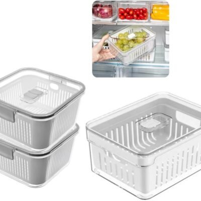 Kit 3 Organizadores Geladeira Hermético | Para Armário Cozinha Geladeira | 2-1,36 E 1-2,2 Litros | Caixa Plástica para Legumes, Saladas, Alimentos e Vegetais