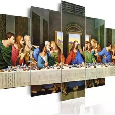 Quadro Decorativo Santa Ceia Jesus Apóstolos Mosaico Religioso 5 Peças