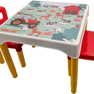 Conjunto Mesa Mesinha Infantil Com 2 Cadeiras Escolar Plástica Camaleão (Fazendinha)