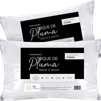 Kit 2 Travesseiros Toque de Pluma Percal 180 Fios – 90×50 cm | Lavável, Antiácaro, Antialérgico, Suporte Médio – 8D Home