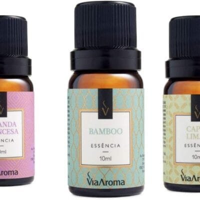 Kit 3 Essências Via Aroma De Aromatizador Aromaterapia 10ml – Lavanda Francesa, Bamboo e Capim Limão