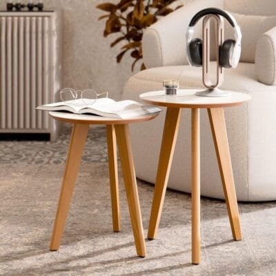 Kit Mesa Apoio e Lateral de Sofá Retrô Classic com 3 Pernas Decoração – Off White/Freijo