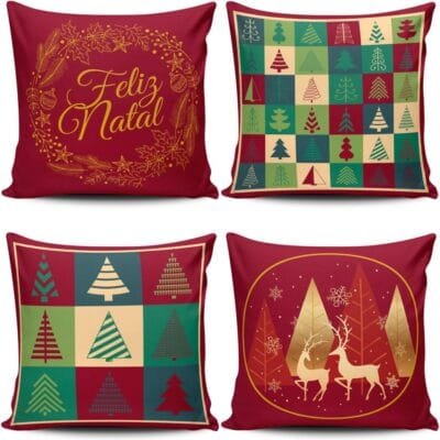 Kit com 4 Capas de Almofadas Estampadas Natalinas Feliz Natal Fim de Ano Vermelho 45cm x 45cm – Jogo Conjunto Decoração Natal Festas Ano Novo Véspera Ceia