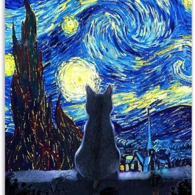 Placa Decorativa Gato Noite Estrelada Van Gogh Arte