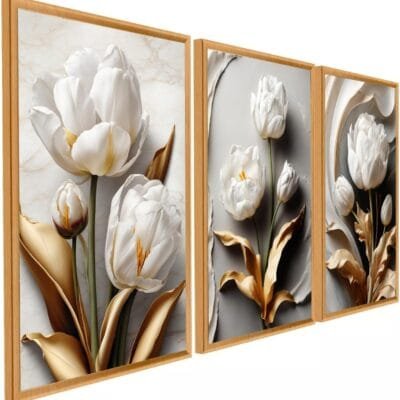 Quadro Decorativo Flor Tulipa Branca Dourada Ouro Trio 3 Peças Fácil Fixação com Fita Dupla Face