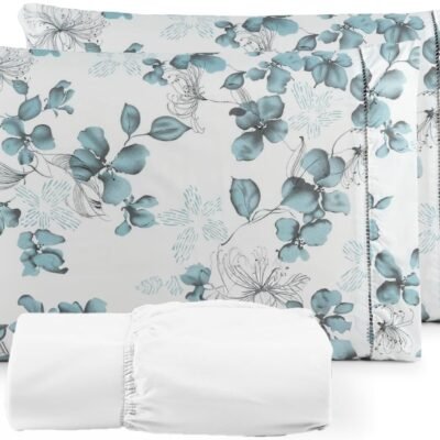 Jogo de Lençol Queen Kit 03 Peças com Elástico Ponto Palito Estampado 400 fios Casal Kit Cama (Floral Azul)