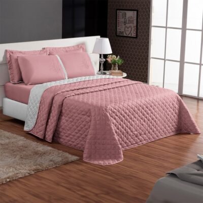 Cobre Leito Colcha Para Cama de Casal King e Queen Kit 3 Peças 1 Colcha Dupla Face e 2 Porta Travesseiros Cores Lisas (Rose e Branco, Cobre Leito Queen (260x240cm))