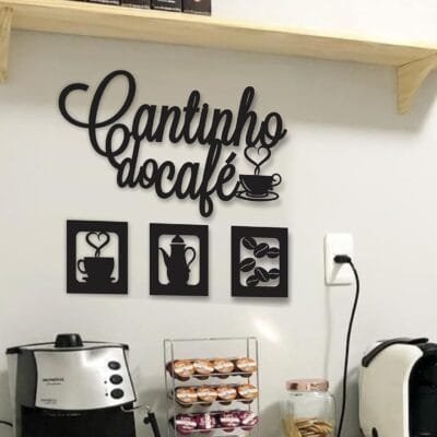 KIT CANTINHO DO CAFÉ 4 PEÇAS 30CM ALTO RELEVO MDF PRETO DECORAÇÃO