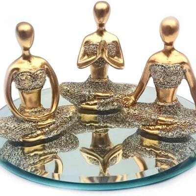 Trio Decorativo Yoga com ou sem base em espelho Meditação Em Resina meditando posição enfeite rezando kit cj ioga X (yoga131esp)