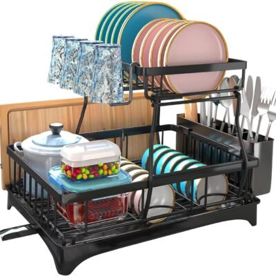 Escorredor de Louças, Organização de Cozinha 2 Camadas, Inox Escorredor de louça com Bandeja, Suspenso Modular Porta Talheres, Destacável Suporte de Copos, Cozinha Bancada Pia Preto