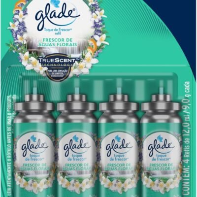 Glade Aromatizador de Ambiente Toque de Frescor, Óleos Essenciais, 4 Refis de Frescor de Águas Florais, 12ml Cada