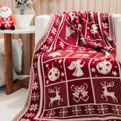 Manta Natal Tricot Decorativa Dupla Face Natalina 155x95cm (VERMELHO/BEGE)