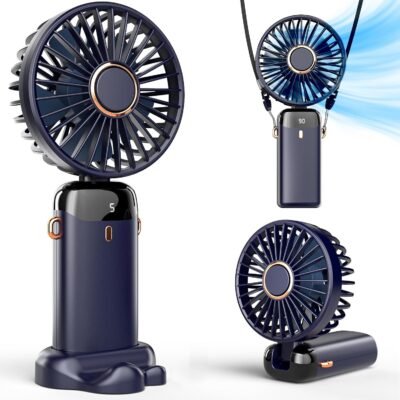 Koonie Ventilador portátil portátil, ventilador operado por bateria com base, 8 horas, display digital, 5 velocidades, 90° ajustável, mini ventilador recarregável para ambientes externos e internos