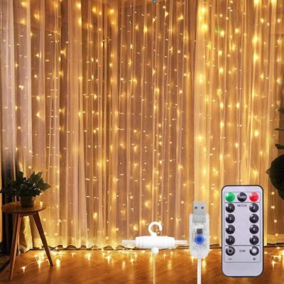 Luz de LED, 3 metros, 300 LEDs, à prova d’água, luz de cortina USB, fio de cobre, cordão de luz de fada para decoração de quarto