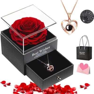 Conjunto de Colar e Rosa Eterna, com “Eu Te Amo” em 100 Idiomas, Presente Flor Eterna para Dia Das Mães, Dia Dos Namorados, Kit Presente Feminino Criativo para Mãe, Esposa, Namorada, Noiva, Amiga