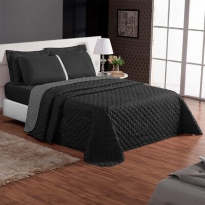 Cobre Leito Colcha Para Cama de Casal King e Queen Kit 3 Peças 1 Colcha Dupla Face e 2 Porta Travesseiros Cores Lisas (CInza e Preto, Cobre Leito Queen (260x240cm))