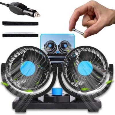 Ventilador automotivo duplo com ajuste para carro e caminhão, alimentado por 12V. Proporciona ventilação eficiente em dias quentes. Compacto e fácil de instalar, é perfeito para viagens e uso diário