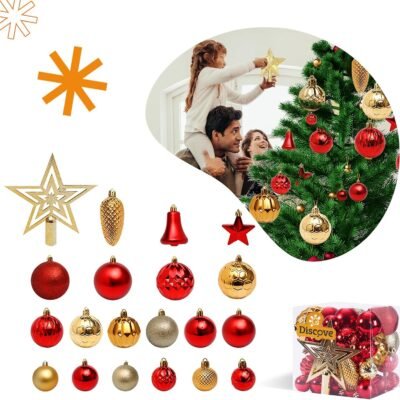 Kit 45 Bolas de enfeites de natal decoração 2024 árvore natalina pinha bolinhas gliter casa festa (Dourado e Vermelho)