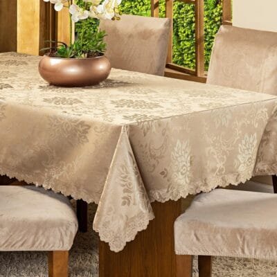 Toalha de Mesa Retangular para 8 Lugares Avulsa Jacquard Medalhão 2,50m x 1,40m – Decoração Cozinha Moderna Luxo Desenho Alto Relevo Brilhante (Dourado)