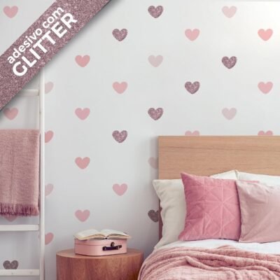 Adesivo de Parede Corações Tons de Rosa Glitter Quarto de Menina 55un Cobre 5m2 (Com Glitter Rosê)