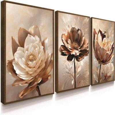 Kit 3 Quadros Decorativo Sala Quarto Flores Ton Cobre Gold Folhas Lindo