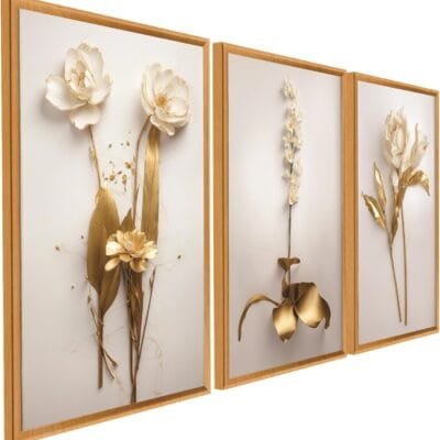 Quadro Decorativo 3 Peças Dourado Floral Branco Ouro Gold Sala Quarto Fácil Fixação com Fita Dupla Face